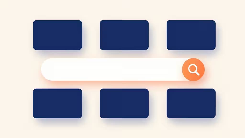 Ilustração abstrata de uma interface de busca de e-commerce com barra de pesquisa brilhante e cartões de produto flutuantes em grelha limpa, com tons de azul e laranja.