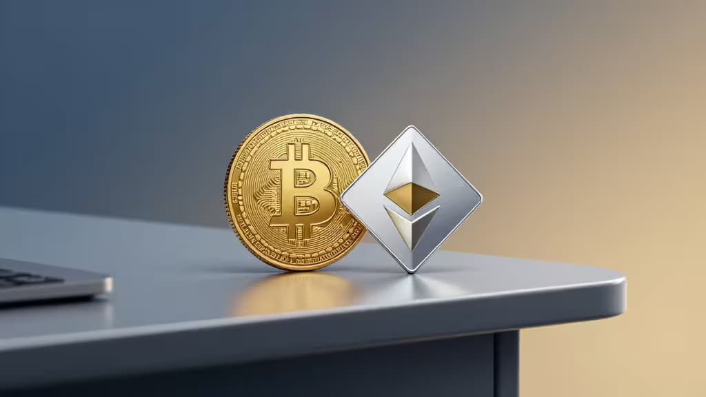 A gold Bitcoin coin and silver Ethereum diamond rest on a sleek desk beside a laptop, symbolizing accessible crypto ETF investments for Dutch investors.