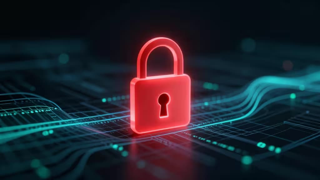 A glowing red padlock hovers over flowing teal code streams on a dark digital surface.