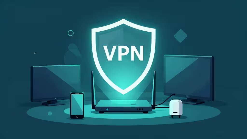Ein leuchtendes VPN-Schild schwebt über einem Router und schützt Smartphones und Monitore auf einer tealfarbenen Plattform.