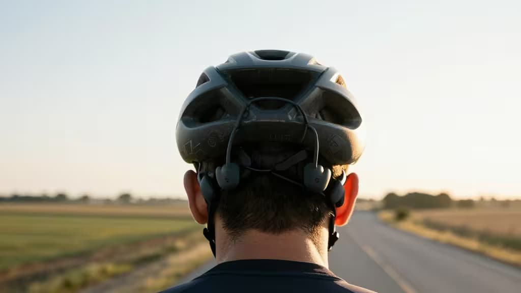 Ciclista con cuffie a conduzione ossea grigie sulle orecchie, testa con casco rivolta verso la strada, canali uditivi aperti per la consapevolezza del traffico.