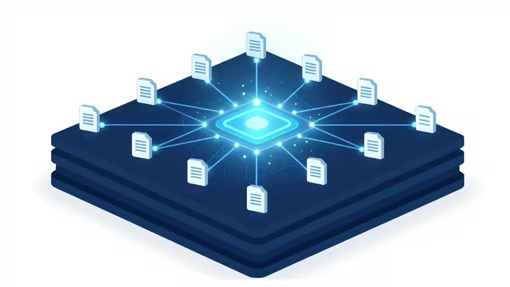 Glowing central processor connects floating document icons via luminous blue lines on layered dark blue platform.