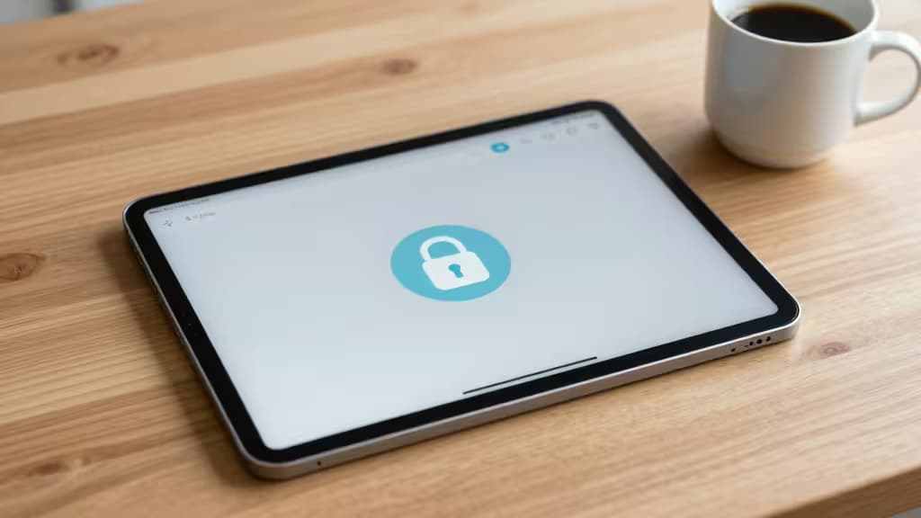 iPad prateado sobre mesa de madeira exibe ícone de cadeado azul, xícara de café ao lado.