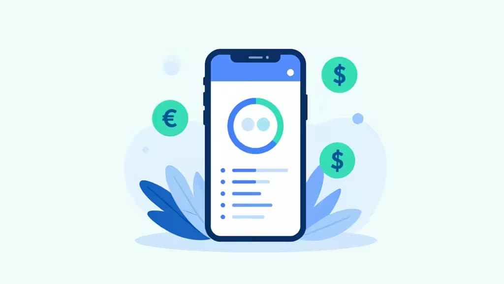 Nowoczesna aplikacja bankowa na smartfonie z symbolami walut i globalnych transakcji — ilustracja koncepcji bankowości dla małych firm.