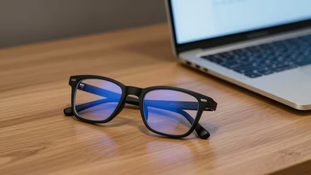 Black-framed blue light glasses rest on a wooden desk beside an open laptop, illustrating affordable computer work eyewear.