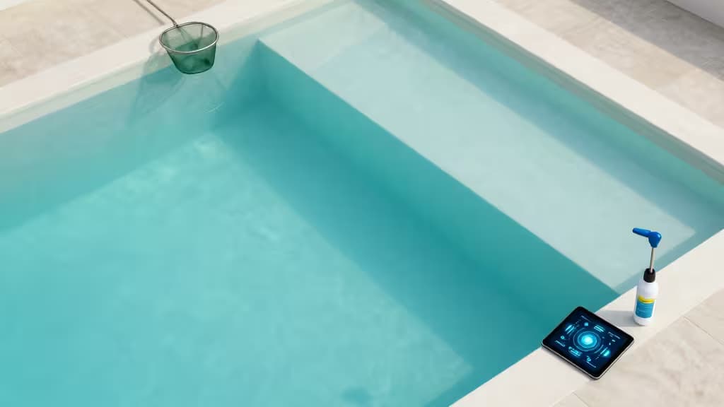 Un tablet con interfaccia futuristica posizionato accanto a un retino da piscina e una bottiglia di prodotti chimici sul bordo piastrellato di una piscina dall'acqua blu limpida.