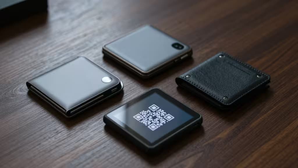 Four sleek crypto hardware wallets rest on a dark wood surface, one displaying a QR code.