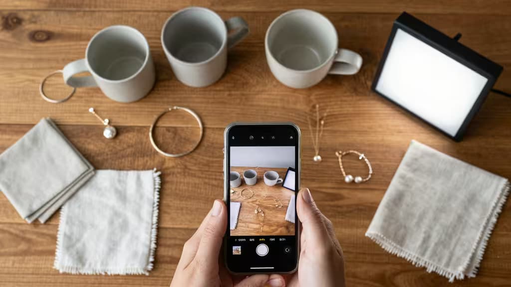 Mains tenant un smartphone photographiant des tasses en céramique et des bijoux sur une table en bois avec des serviettes en lin et un panneau lumineux.