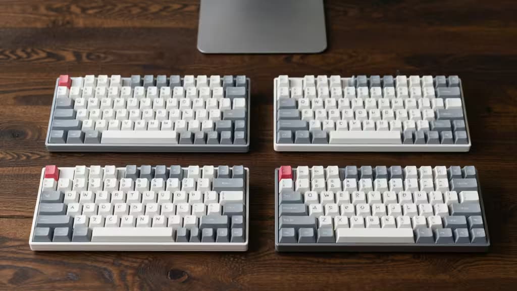Four low-profile mechanical keyboards with white, gray, and red keycaps arranged on a wooden desk.