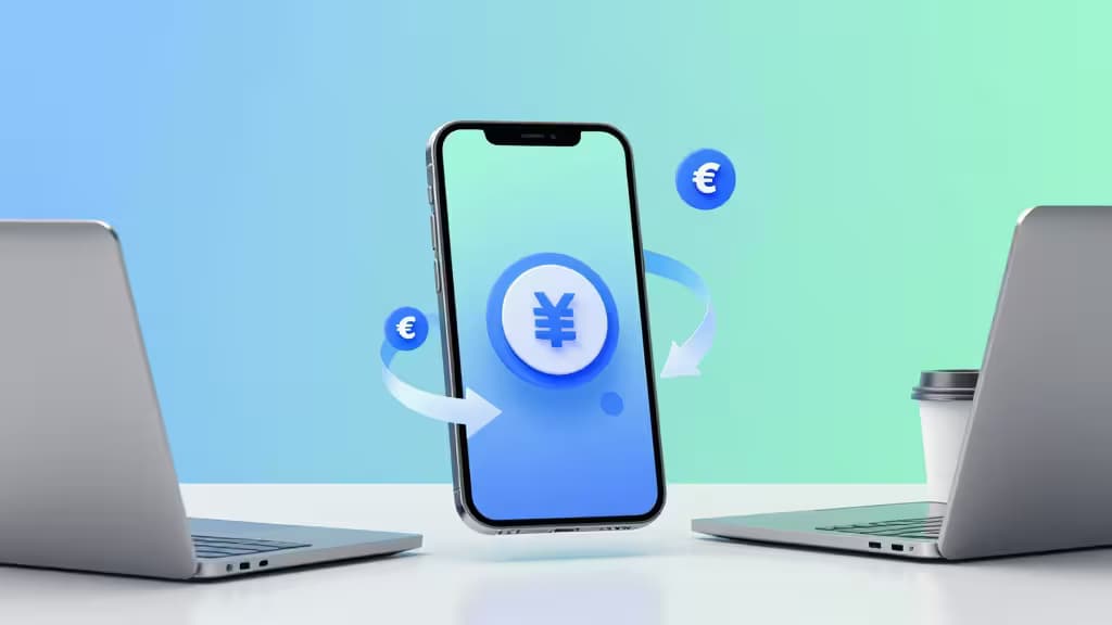 Zwevende smartphone toont yen-valuta tussen laptops, met euro-iconen en pijlen die naadloze internationale geldoverschrijvingen illustreren.