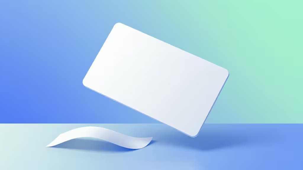A white corporate card floats above a receipt on a blue-green gradient background.