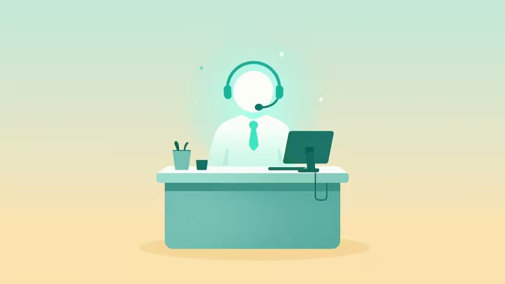 Un agente sin rostro con corbata turquesa sentado en un escritorio con auriculares y monitor, simbolizando soporte al cliente con IA.