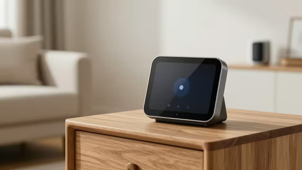 Nest Hub Max na dębowym stoliku bocznym, wyświetlający interfejs Asystenta Google w nasłonecznionym salonie.