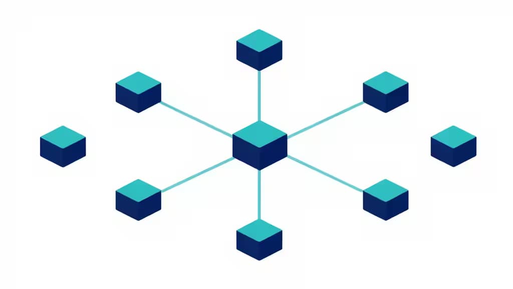 Abstract illustration of interconnected Kubernetes cluster nodes and containers in a network topology with deep blue and teal geometric shapes