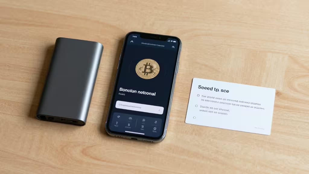 A sleek hardware wallet, smartphone displaying Bitcoin, and seed phrase card rest on a wooden surface.