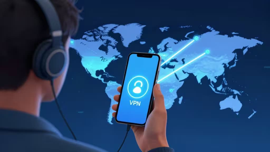 A person wearing headphones holds a smartphone displaying a VPN icon, with a glowing world map in the background.