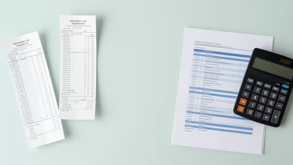 Uporządkowane biurko z paragonami, kalkulatorem i dokumentami finansowymi w minimalistycznym stylu redakcyjnym