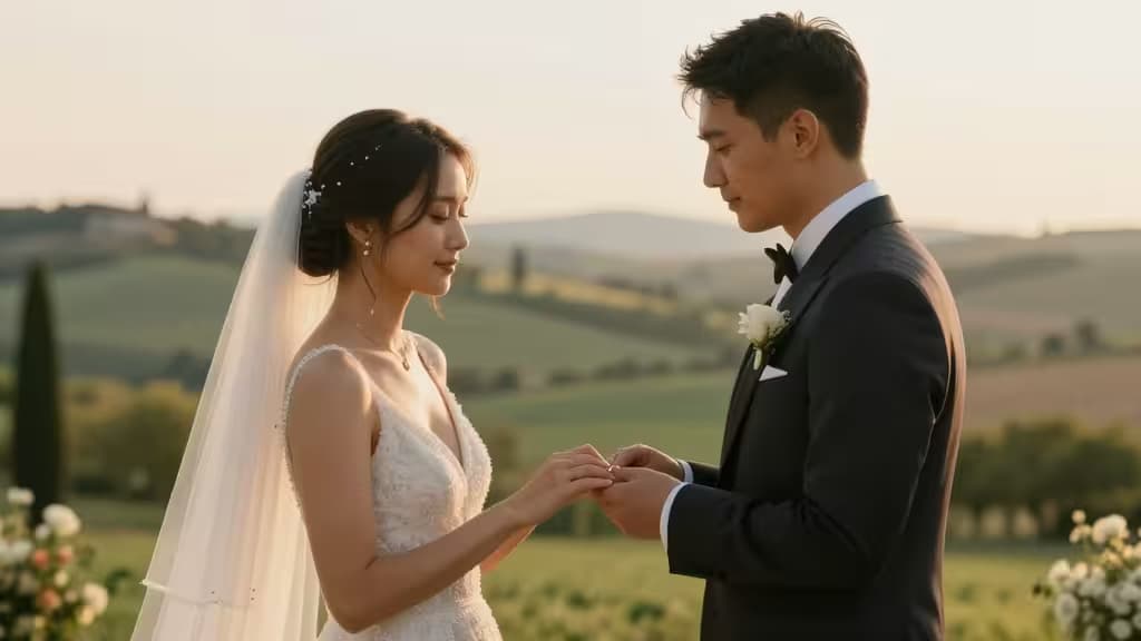 Bride and groom exchange rings in golden Tuscan landscape, symbolizing love and financial planning.