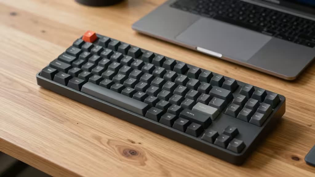 A low-profile mechanical keyboard with matte black keys and an orange escape key rests on a light wood desk beside a silver laptop.