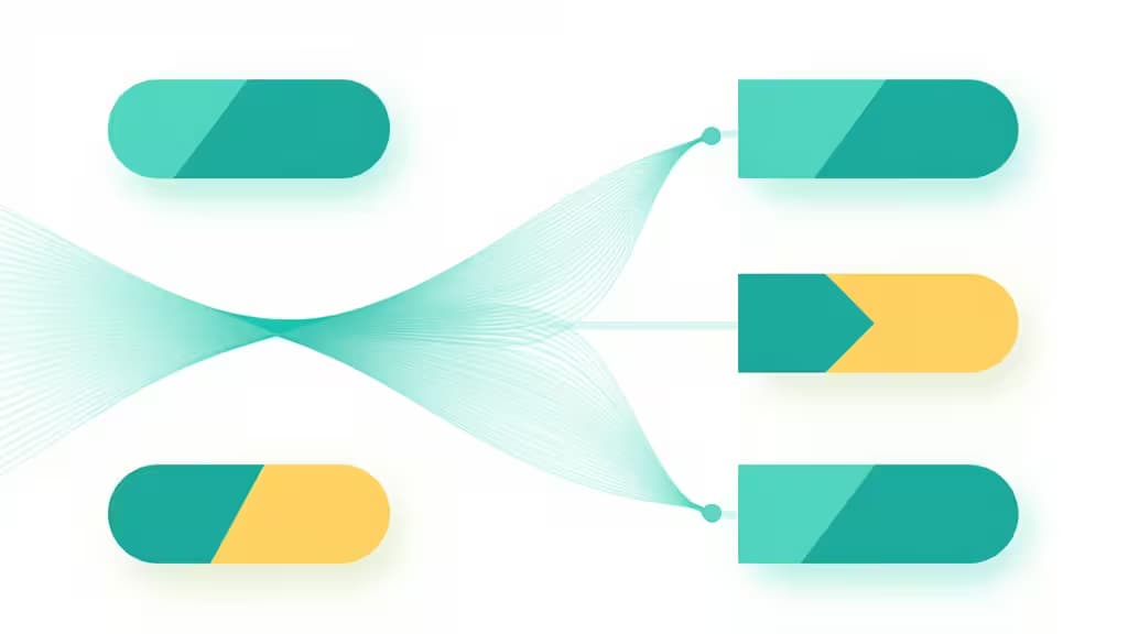Teal and yellow pill-shaped toggles connect via flowing lines, symbolizing software feature flag deployment control for startups.