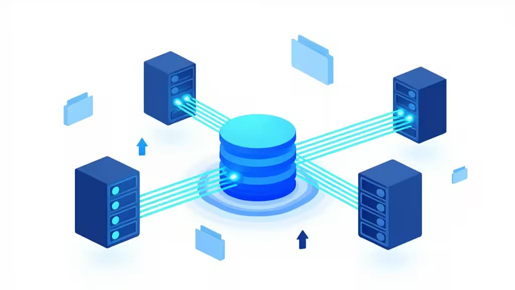 Abstract illustration of cloud storage infrastructure with glowing data streams flowing into interconnected server nodes in blue and teal tones