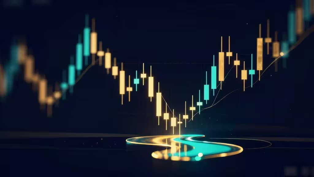 Abstract visualization of deep liquidity pools and candlestick chart patterns in golden and teal tones on a dark background, representing large block crypto trading.