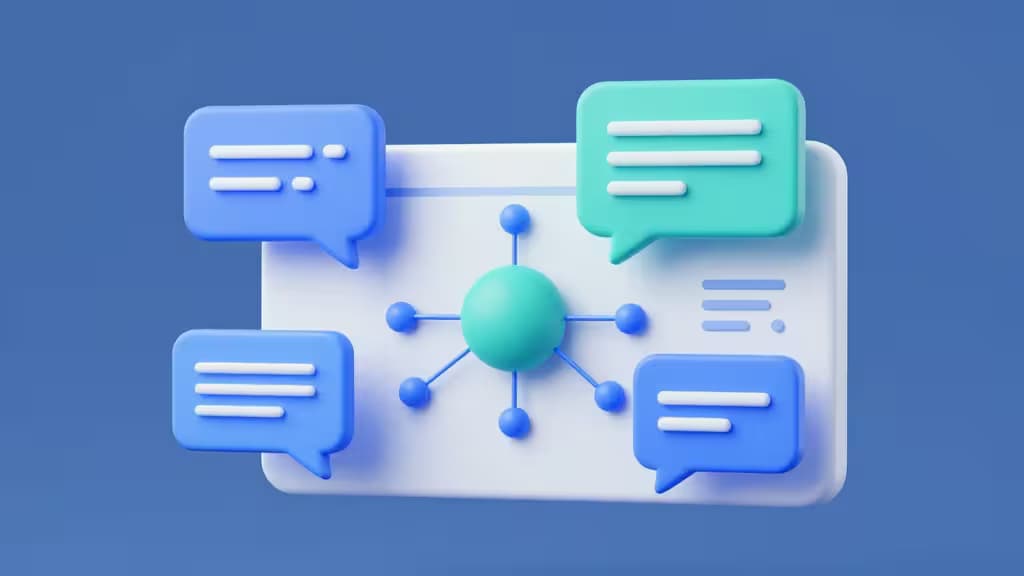 Blue and teal 3D speech bubbles orbit a central AI node on a white interface, symbolizing intelligent customer support chatbot architecture.