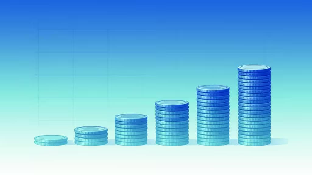 Six ascending blue coin stacks on a gradient grid symbolize steady crypto growth through regular DCA investments.