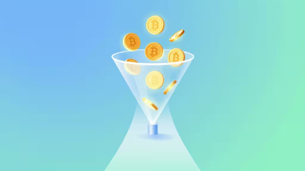 Monedas de Bitcoin doradas caen en cascada a través de un embudo de cristal transparente sobre un fondo de degradado azul-verde, simbolizando comparativas de on-ramps de cripto simplificadas.