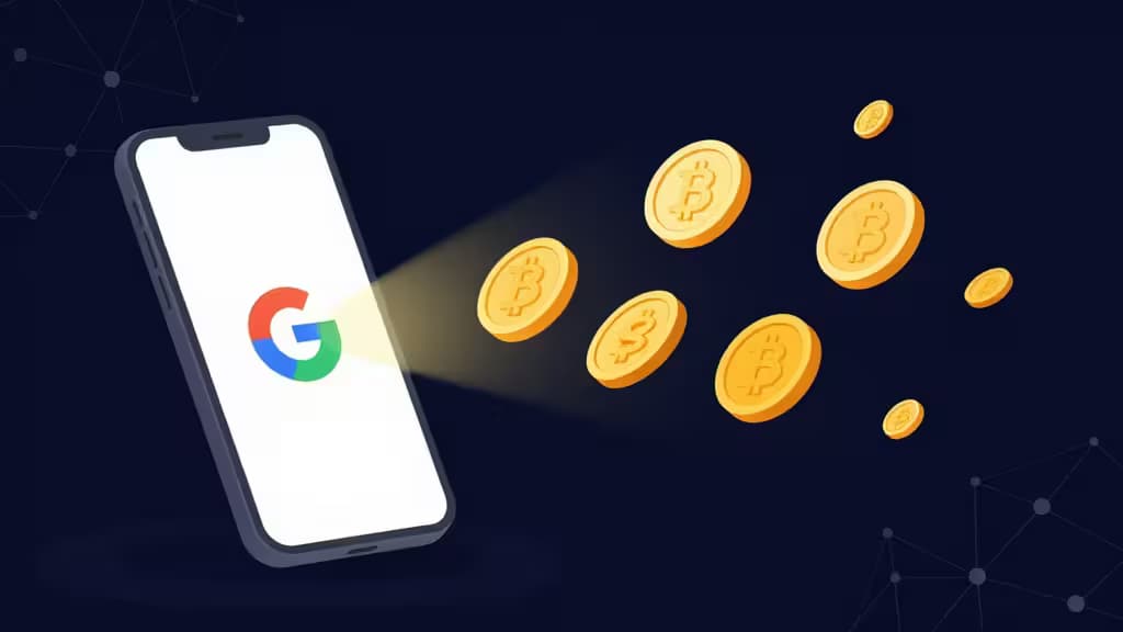 Smartfon z logo Google, z którego wyłaniają się złote monety Bitcoin na ciemnym, sieciowym tle.