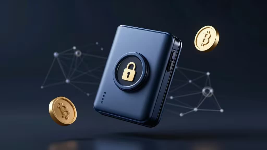 Un elegante hardware wallet blu con un lucchetto dorato fluttua tra monete Bitcoin dorate e nodi luminosi di rete blockchain.