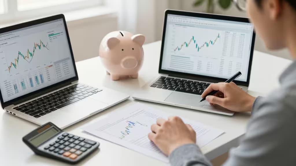 Freelancer analisa gráficos financeiros em dois laptops ao lado de um cofrinho e uma calculadora.