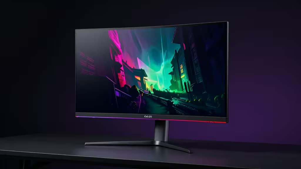 Sleek black OLED monitor displays vibrant neon cityscape with deep blacks, resting on minimalist desk against dark purple backdrop.
