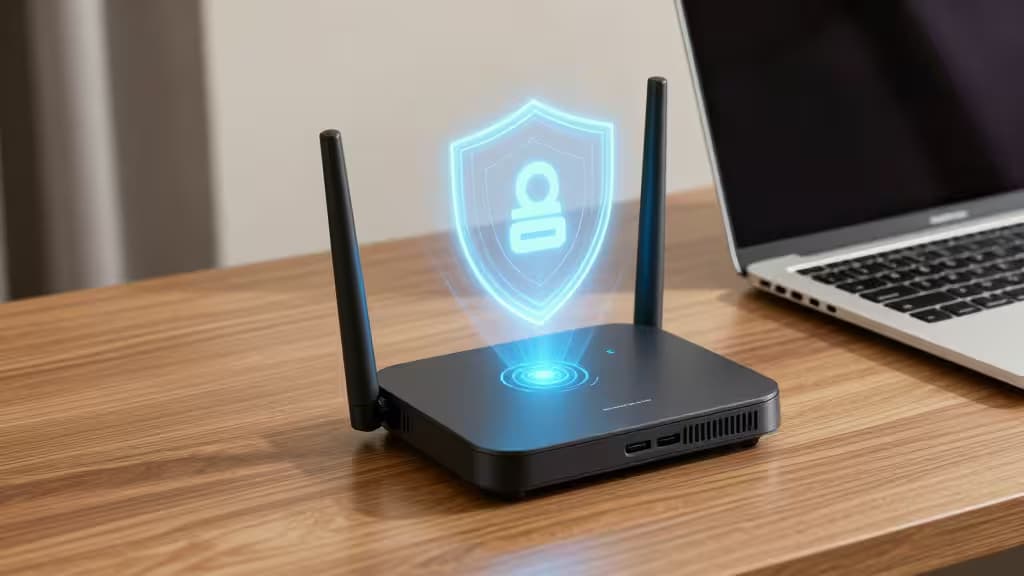 A black travel router with two antennas sits on a wooden desk beside a laptop, projecting a glowing blue shield icon symbolizing secure encryption.