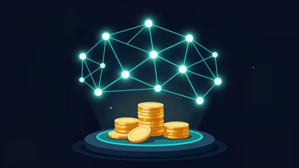 Représentation abstraite du staking crypto : nœuds de réseau blockchain lumineux reliés par des fils scintillants, avec des pièces dorées empilées sur un piédestal numérique.