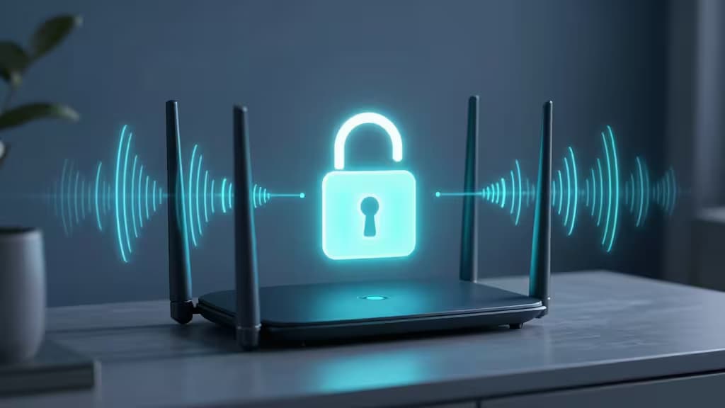 Roteador mesh preto com quatro antenas emite ondas Wi-Fi azuis brilhantes e um ícone de cadeado flutuante, simbolizando conectividade VPN segura.