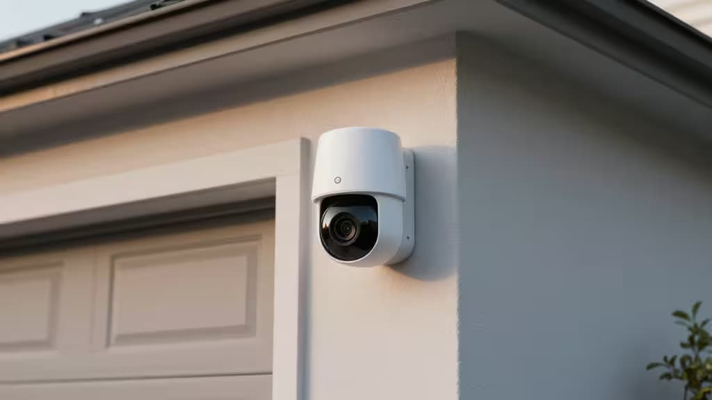 Câmara de segurança branca montada na parede exterior ao lado da porta da garagem.