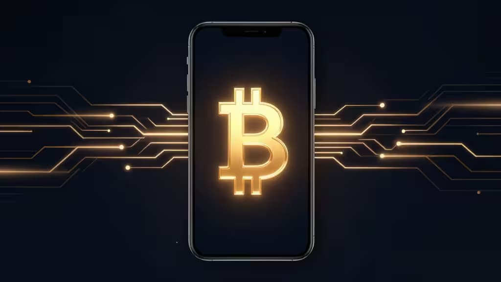 Smartphone met gloeiend Bitcoin-symbool omringd door digitale lichtstromen op een donkerblauwe achtergrond