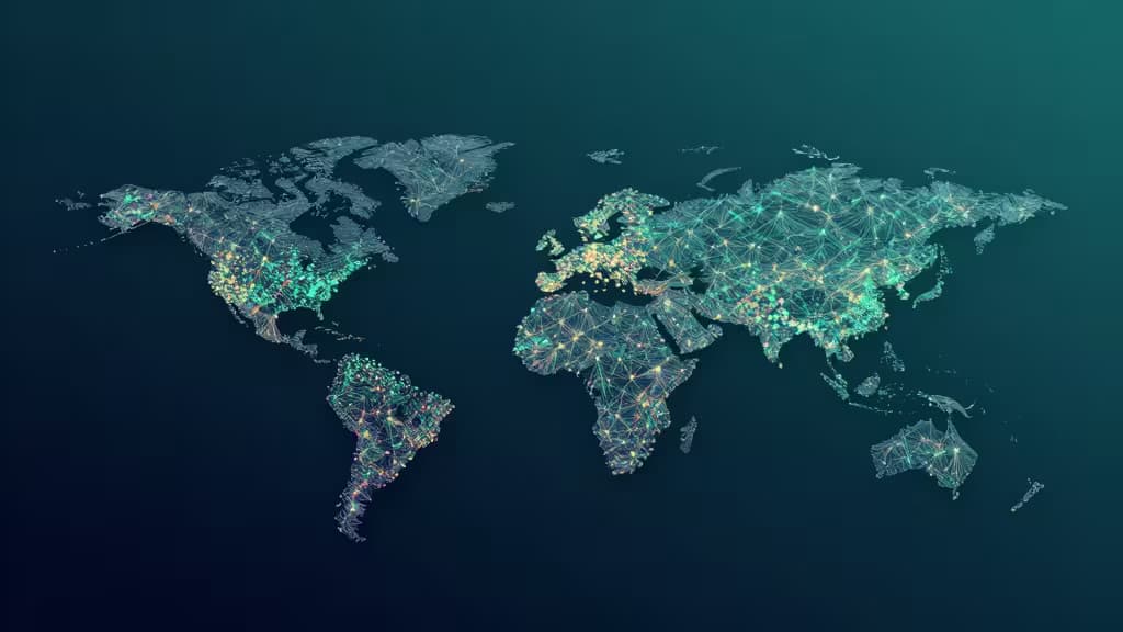 Glowing networked continents float on dark teal, symbolizing global vector data for RAG systems.