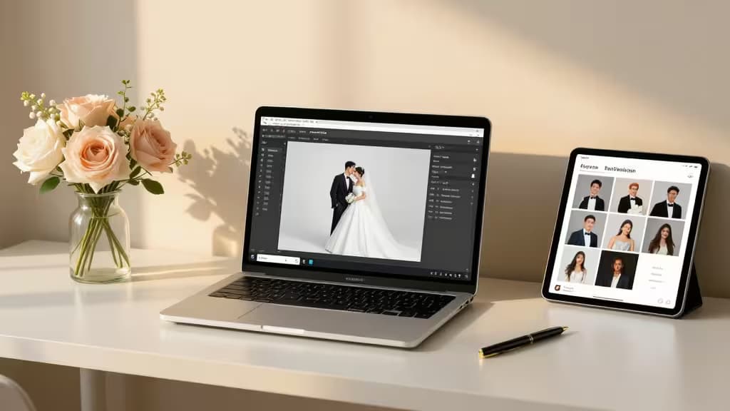 Elegante mesa de trabalho de wedding planner com laptop, tablet com mood board e arranjos florais sob luz dourada