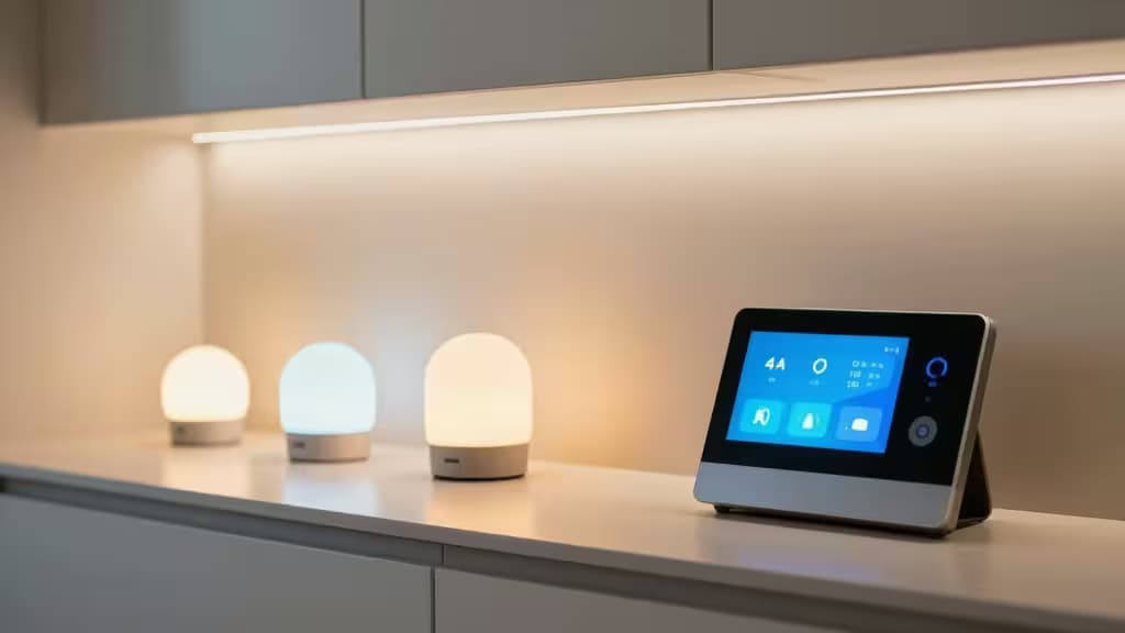Smart display y luces de colores que proporcionan alertas visuales en una encimera de cocina moderna.