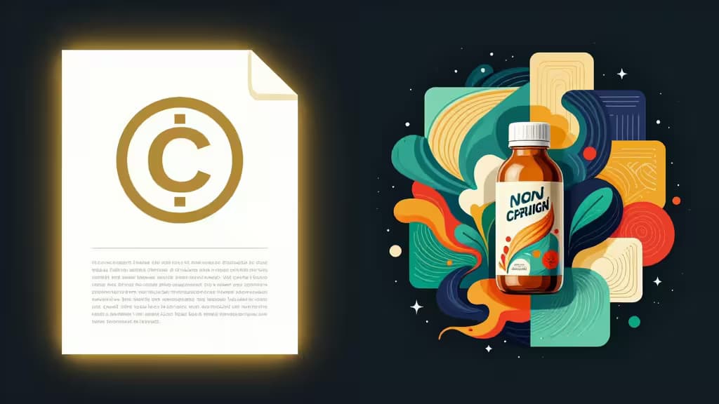 Documento di copyright luminoso che contrasta con forme astratte colorate, simbolo della tensione tra protezione legale e creatività AI.