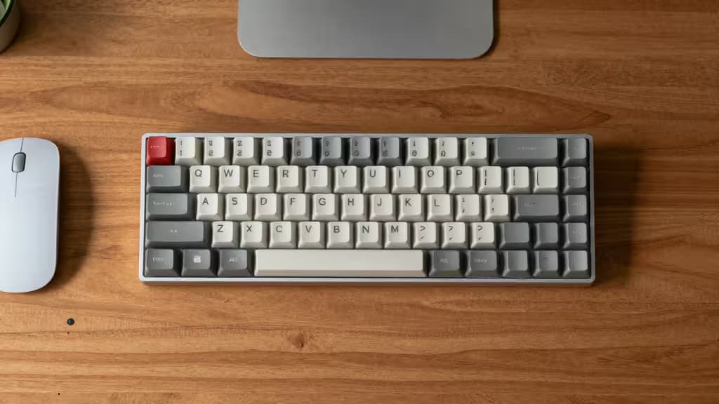 A tenkeyless mechanical keyboard centered on a warm wooden desk with a computer mouse positioned on the left side, photographed from above in soft natural light.