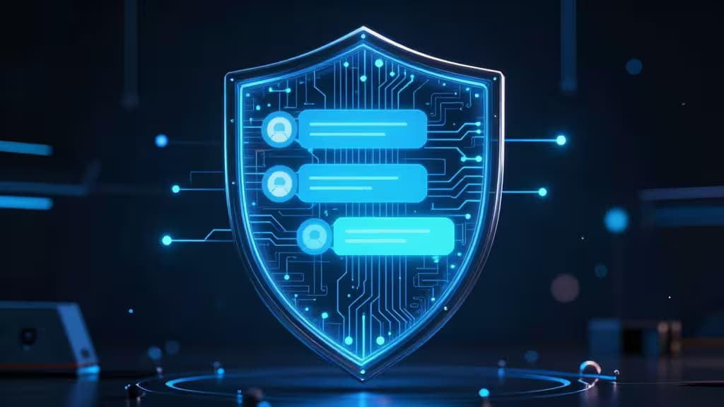 A glowing blue circuit-board shield protects floating AI chat bubbles, symbolizing secure access to restricted tools.