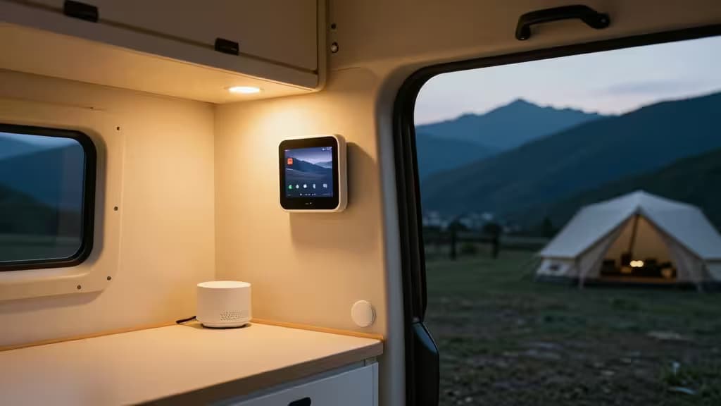 Intérieur chaleureux d'un camping-car avec écran tactile, purificateur d'air et éclairage connecté, vue sur un camping en montagne.