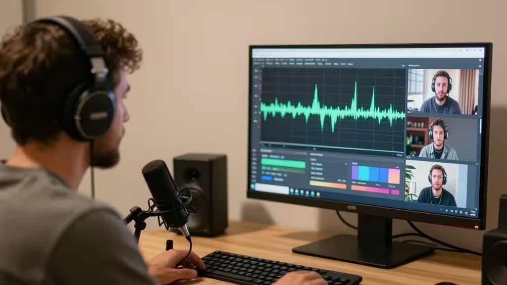 Podcaster con cuffie e microfono analizza waveform su schermo AI per show notes.