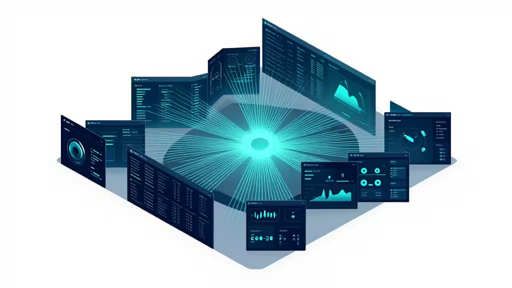 Plusieurs tableaux de bord bleus lumineux rayonnent depuis un centre névralgique, symbolisant l'observabilité unifiée de Kubernetes.