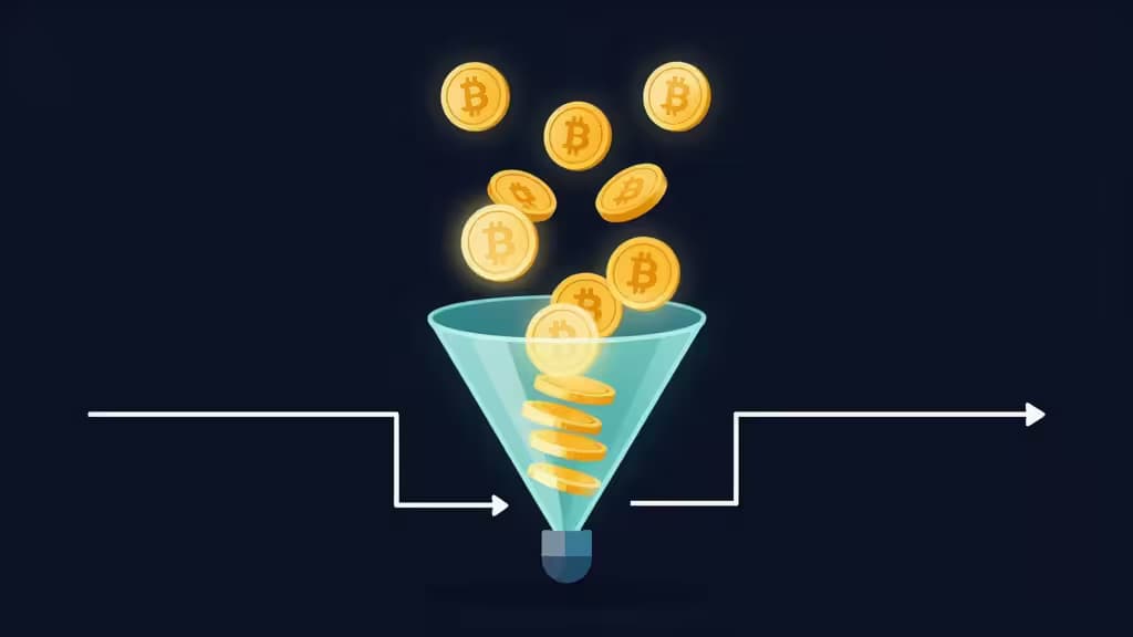 Glowing Bitcoin coins fall through a translucent funnel, symbolizing crypto on-ramp cost comparison with transparent fees and spreads.