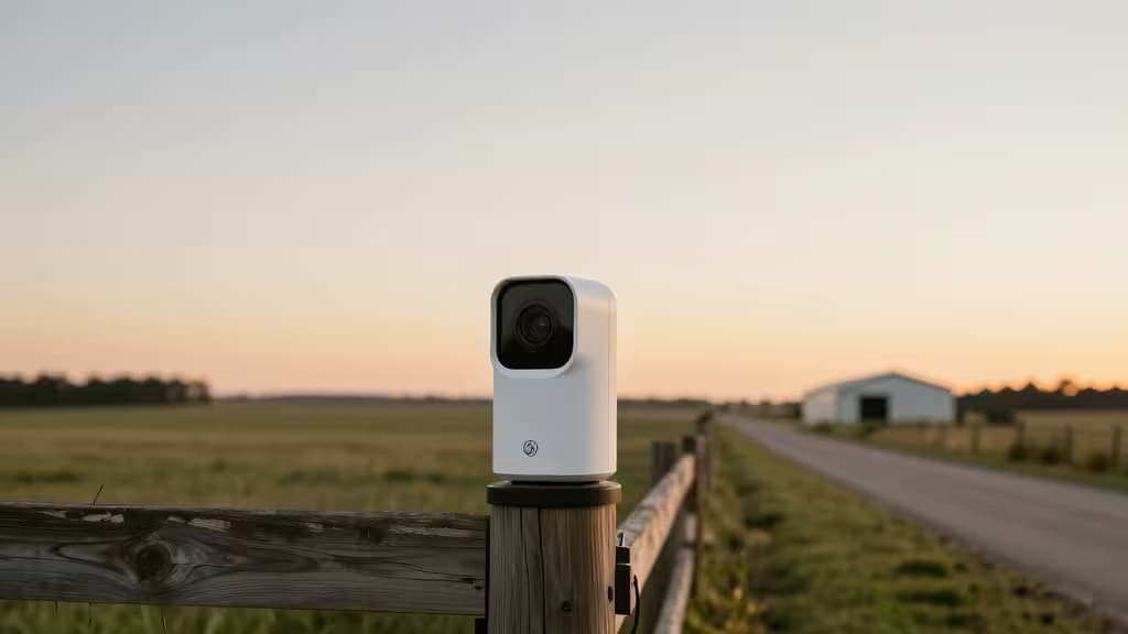 A wireless security camera mounted on a wooden fence post overlooking a large rural property at dusk, with a long driveway and distant outbuildings visible in golden evening light.