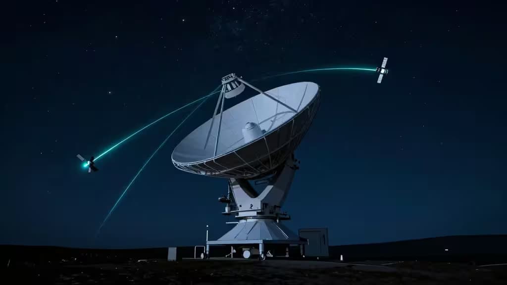 Antena satelital sobre una montaña remota bajo un cielo estrellado, con flujos de datos conectándose a satélites orbitales.